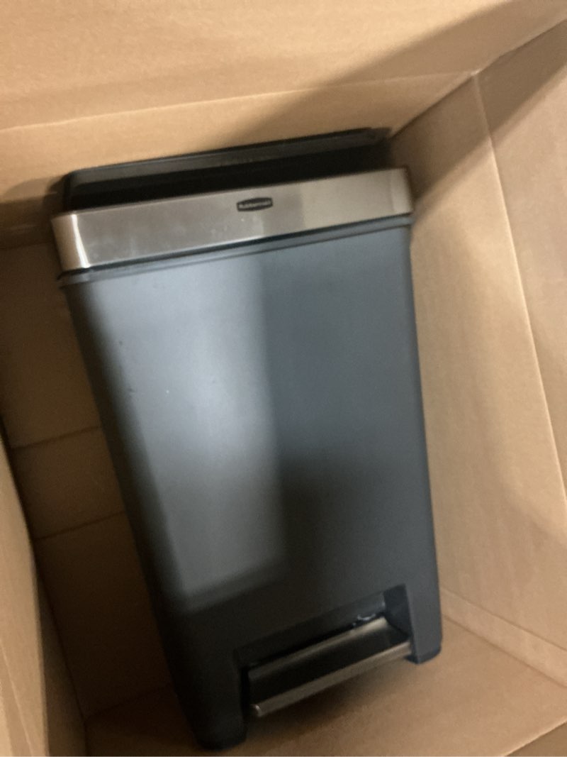 Condition photo showing Good Condition for Rubbermaid Premier Series III Step-On Trash Can for Home and Kitchen, with Stainless Steel Rim, 12.4 Gallon, Charcoal, for Home/Kitchen/Garage/Apartment/Office Metal Rim, Resin Lid