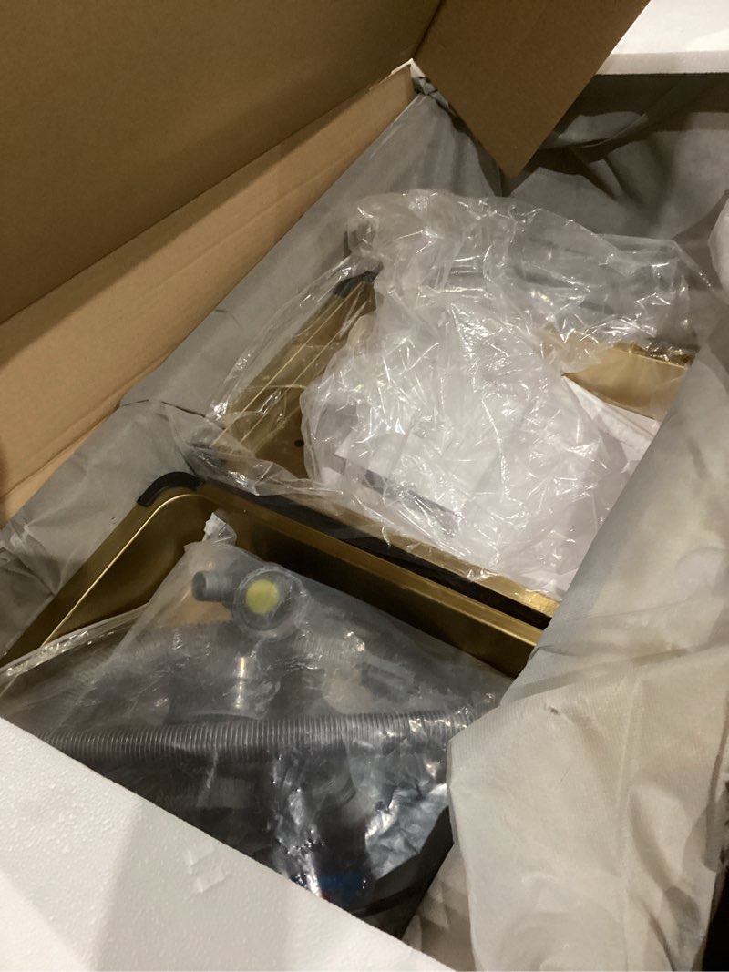 Condition photo showing As Is for fivixil kitchen sink double waterfall sink with led display with cup washer, soap dispenser, waterfall mixer, worktop controller, etc. workstation kitchen sink (gold, 35.4 * 19.7 * 8.7 in) gold 35.4 * 19.7 * 8.7 in