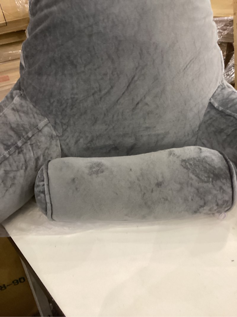 Condition photo showing As Is for SLIGUY Reading Pillow for Sitting in Bed Couch Adult, Back Pillow with arm Support and Pockets, Adult Back Pillow Bed Chair for Bed Rest, Reading, Watching TV, Gaming for Boys and Girls Light Grey
