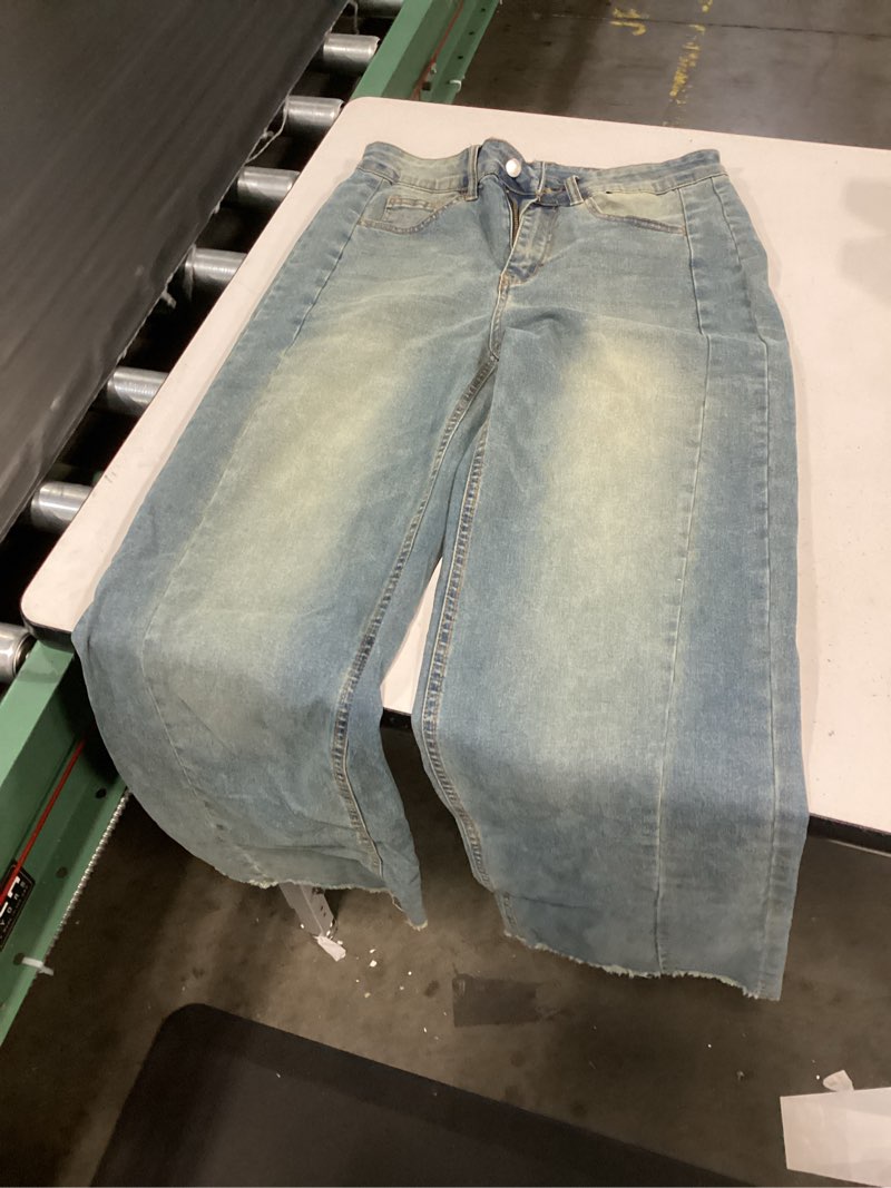 Condition photo showing Good Condition for sidefeel women's wide leg jeans high waisted stretchy denim pants | raw hem, zimbaplatinum, side seam, full length, baggy jeans, boyfriend fit, trendy, fashion clothing 10 light retro blue