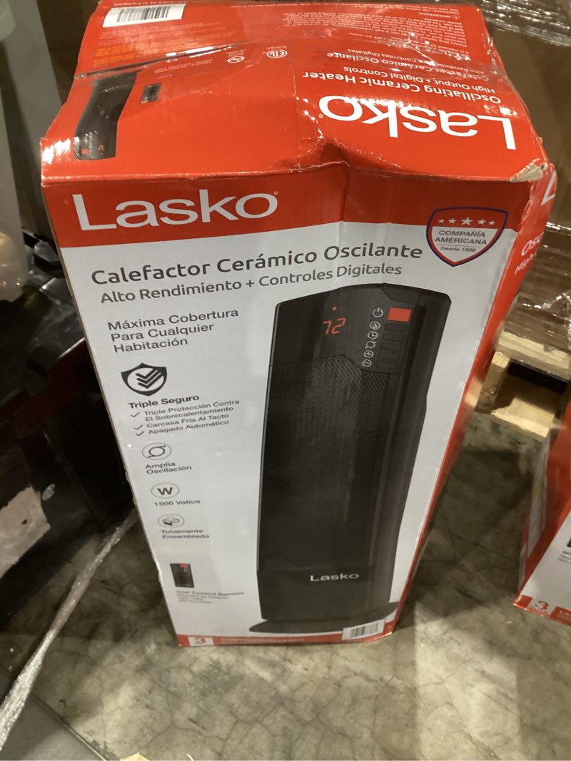 Condition photo showing As Is for lasko 22  1500w oscillating ceramic tower space heater with remote  black  ct22835  new