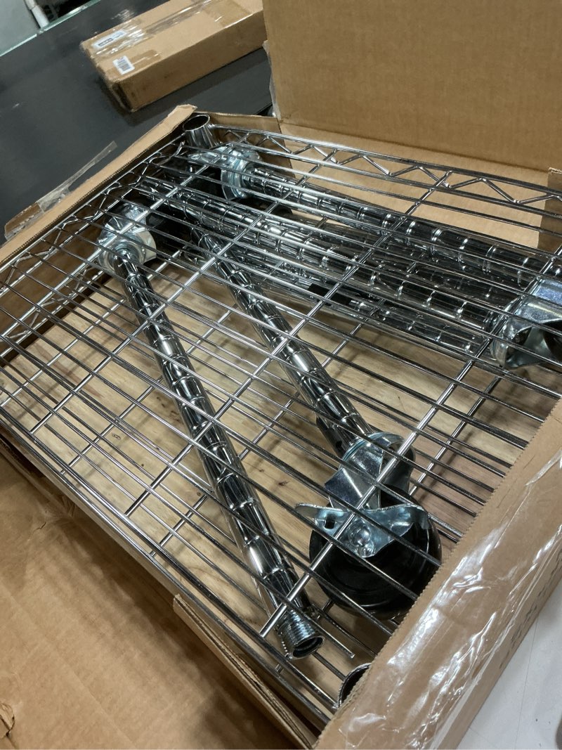 Condition photo showing Good Condition for Amazon Basics Portable Kitchen 3-Tier Storage Rack on Caster Wheels with Adjustable 2 Shelves, 175 Pound Capacity, 21 x 15 x 36.7 inches (LxWxH), Wood/Chrome