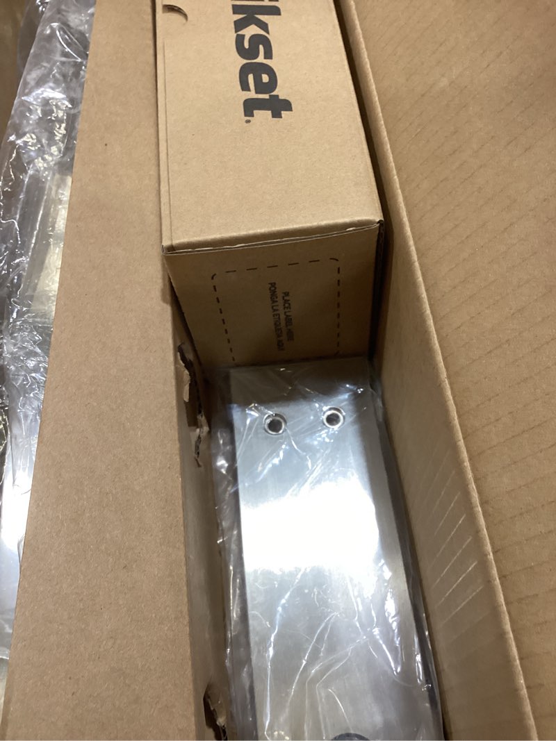 Condition photo showing As Is for kwikset caerus front door lock handle and deadbolt set, entry handleset exterior with interior reversible lever, satin nickel, dummy deadbolt security, with microban protection satin nickel dummy