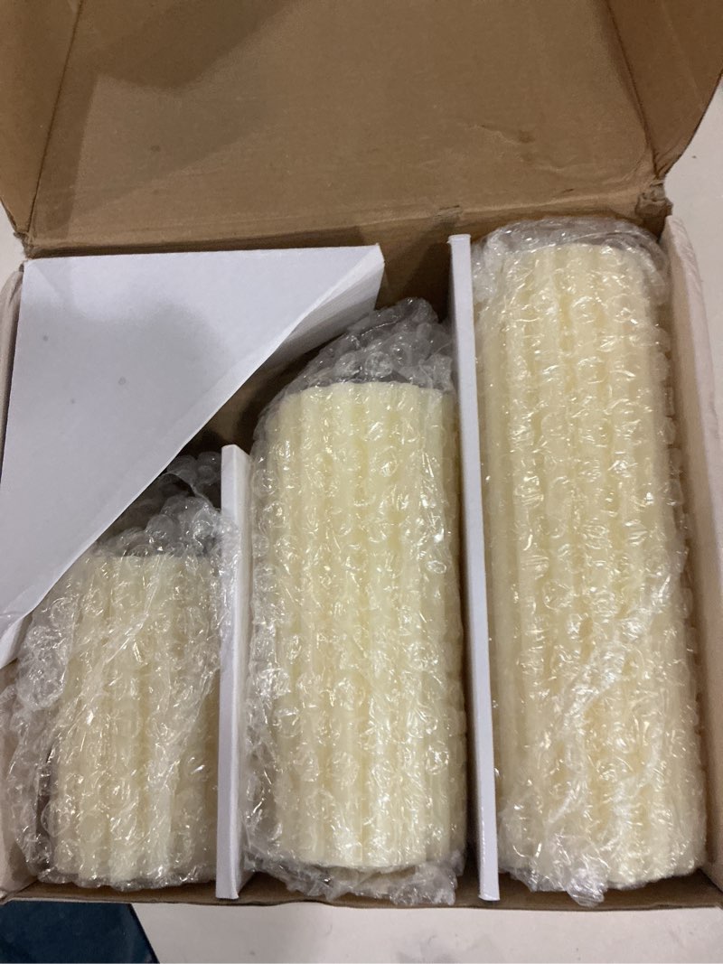 Condition photo showing New/Like New for ribbed soy pillar candles set of 3, cashmere amber scented, natural soy wax, 266 hour long burning, 2.8x4/6/8 inch large pillar candles for home decor, relaxation, bathroom, living room