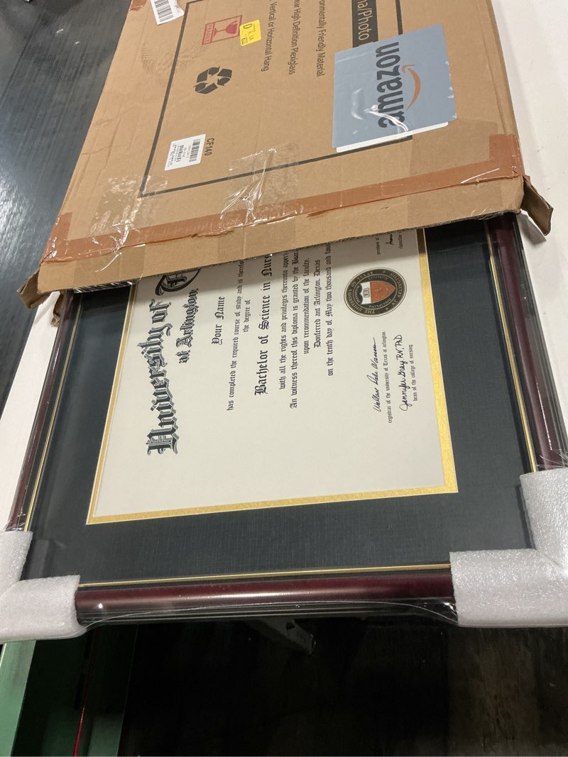 Condition photo showing New/Like New for Hodeframe 15x18 Document Frame for 11x14 Diploma/Certificate/Picture, Black Gold & Burgundy Color Includes Double Mat and UV Protection Acrylic (Black Over Gold Double Mat, 1-Pack) Matte Cherry 15*18 or 11*14 with mat