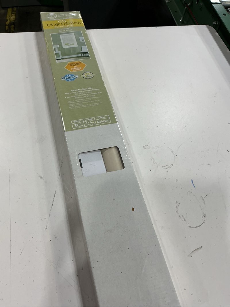 Condition photo showing New/Like New for cordless gii morningstar 1" light filtering mini blind 28x64 - alabaster 28"w x 64"h alabaster