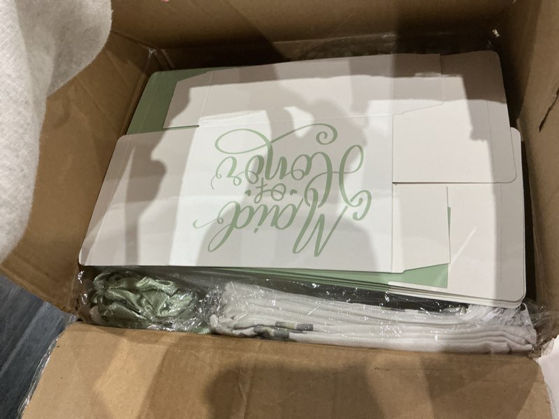 Condition photo showing Good Condition for 64 Pcs Sage Green Bridesmaid Proposal Gifts, Include Bridesmaid Gift Box Makeup Bags Invited Cards Scrunchies Brushes Bracelets