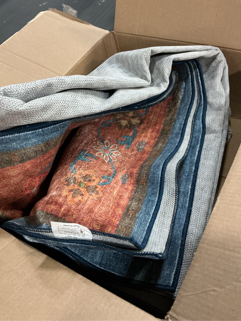 Condition photo showing Good Condition for Dining Room Rugs for Under Table - 7x9 Washable Area Rug for Living Room, Low Pile Non-Slip Rugs for Bedroom - Navy Blue Vintage Boho Unique Home Decor 7' x 9' (Rectangular) Blue / Terracotta