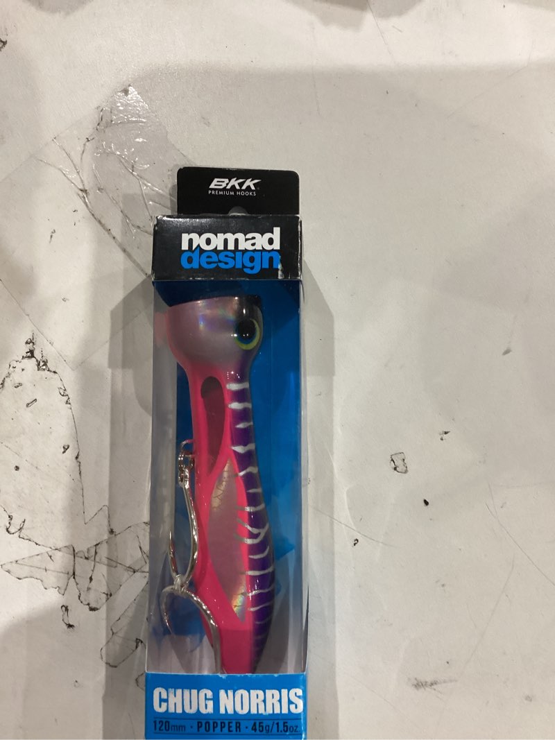 Condition photo showing Good Condition for Nomad Design Chug Norris Topwater Popper Lure Collection – Floating Offshore Saltwater Surface Fishing Plug - Durable HD Body for Big Game - Realistic Splash & Erratic Action Hot Pink Mackerel 120mm | 4.75" & 1-1/2oz