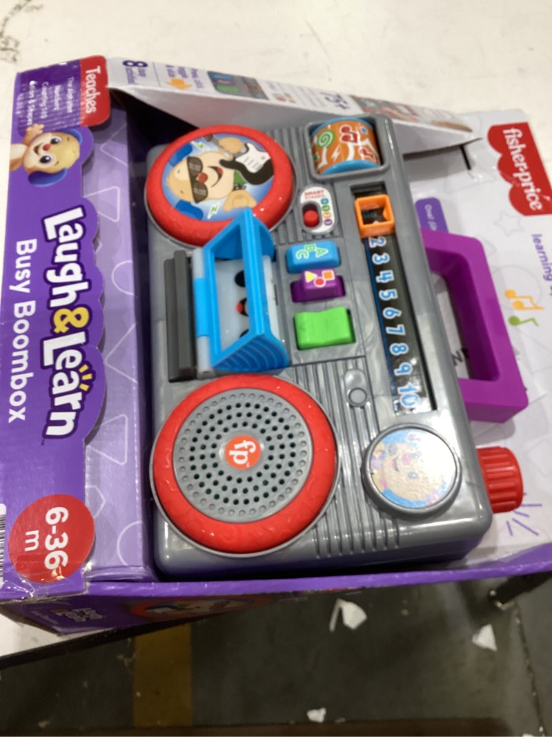 Condition photo showing Good Condition for fisher-price laugh & learn busy boombox, retro-inspired musical infant activity toy with learning content for baby and toddlers (amazon exclusive)