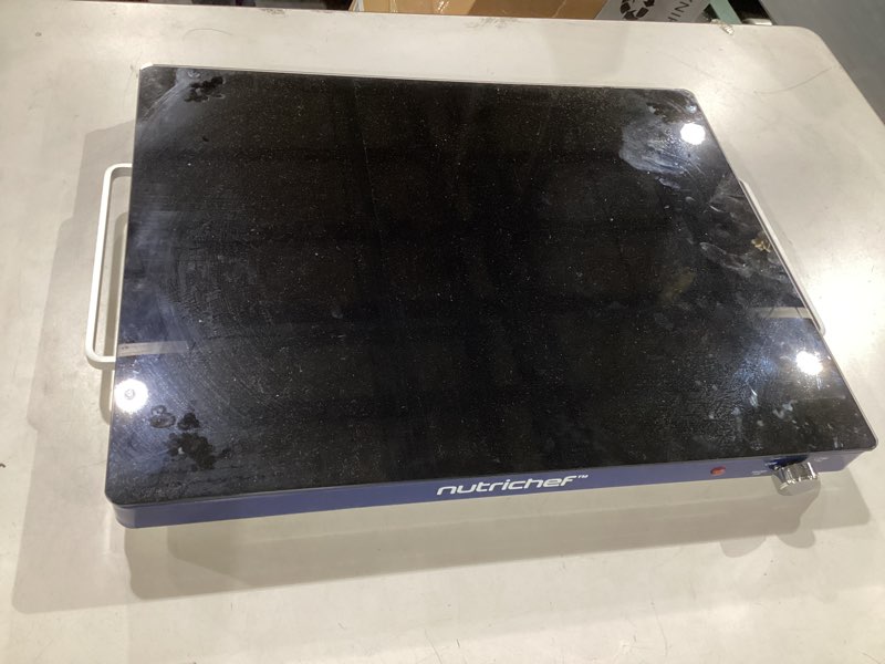 Condition photo showing As Is for nutrichef electric food warming tray - adjustable temperature, sleek glass surface, energy efficient & space saving, ideal for buffets, restaurants, and events, 23.23x 17.32x 0.22 in (blue)