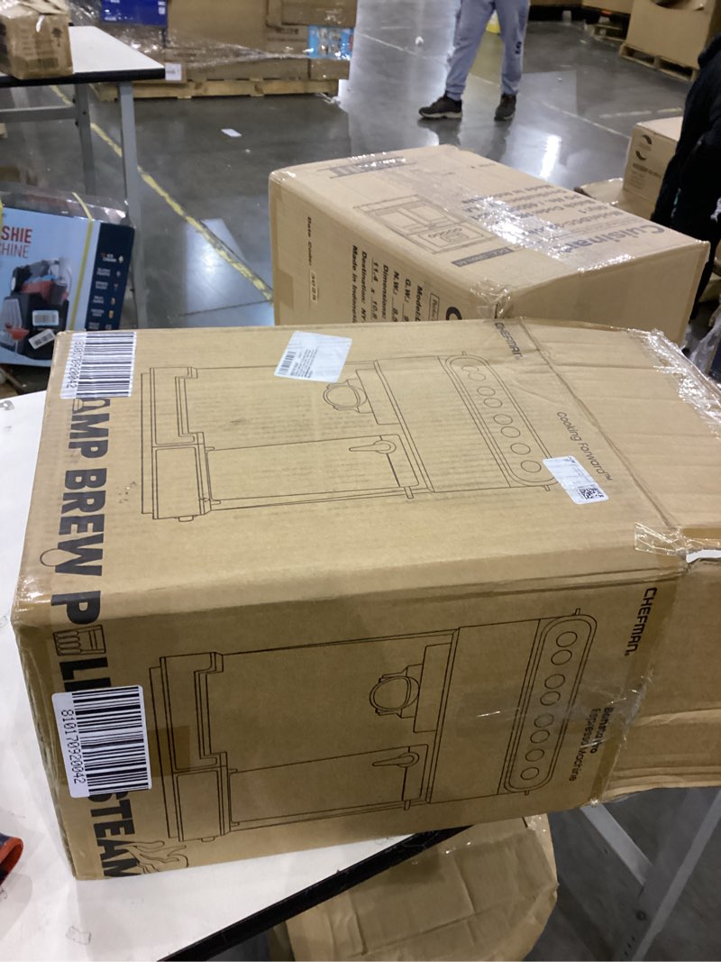 Condition photo showing As Is for Chefman CaféMaster Pro Espresso Machine, Brew Single or Double Shots, Coffee Maker with Built-In Milk Frother for Cappuccino & Latte, XL 1.8 Liter Removable Water Reservoir - Stainless Steel