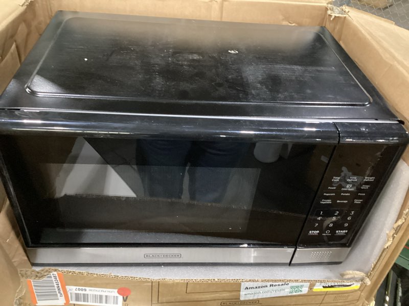Condition photo showing As Is for black+decker em031mb11 digital microwave oven with turntable push-button door, child safety lock, 1000w, 1.1cu.ft, black & stainless steel, 1.1 cu.ft 1.1 cu. ft., incomplete, not tested