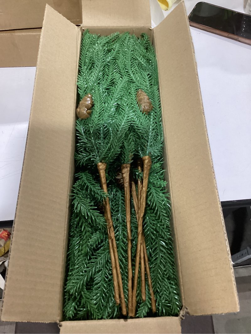 Condition photo showing Good Condition for 12 Pcs Artificial Norfolk Pine Branches with Pine Cones, 18" Real Touch Faux Greenery Cedar Pine Stem, Fake Green Plants Twigs Picks for Vase DIY Crafts Xmas Garland Wreath Home Decor Green&pine Cone