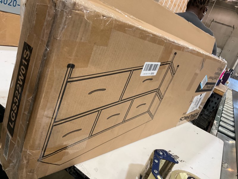 Condition photo showing As Is for songmics dresser for bedroom, chest of drawers, steel, mdf, 5 non-woven fabric drawers, storage organizer unit, closet, entryway, cloud white and snow white ulgs322w01s cloud white + snow white 11.8"d x 38.9"w x 20.6"h (5 drawers)