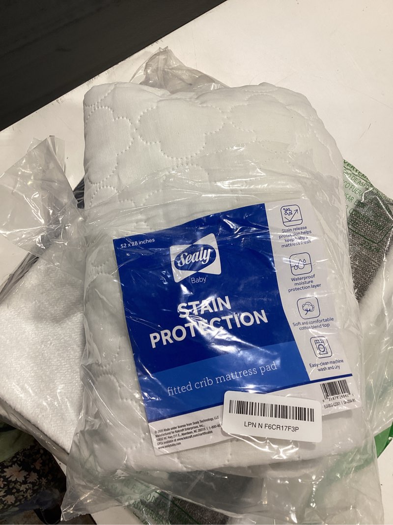 Condition photo showing As Is for sealy baby crib mattress protector - stain protection waterproof pad, noiseless fitted sheet cover with quilted cotton-blend top for comfort – machine washable and easy clean, 52x28 stain protection pack of 1