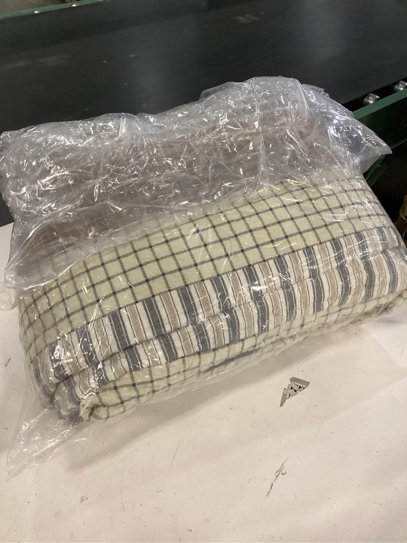 Condition photo showing As Is for finlonte 100% cotton 102"x120" oversized queen bedspread, oversized queen quilted bedspread coverlet extra large quilt set, stripe farmhouse xl bed spread lightweight comforter, charcoal/beige, 3 pcs charcoal/beige oversized queen (102"x120")