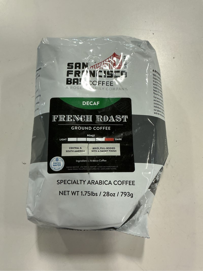 Condition photo showing New/Like New for (Best by 30APR2026)San Francisco Bay Coffee Coffee DECAF French Roast Ground Coffee, 28 oz Bag, Dark Roast, Swiss Water Process Decaffeinated Decaf French Roast 28 Ounce (Pack of 1)