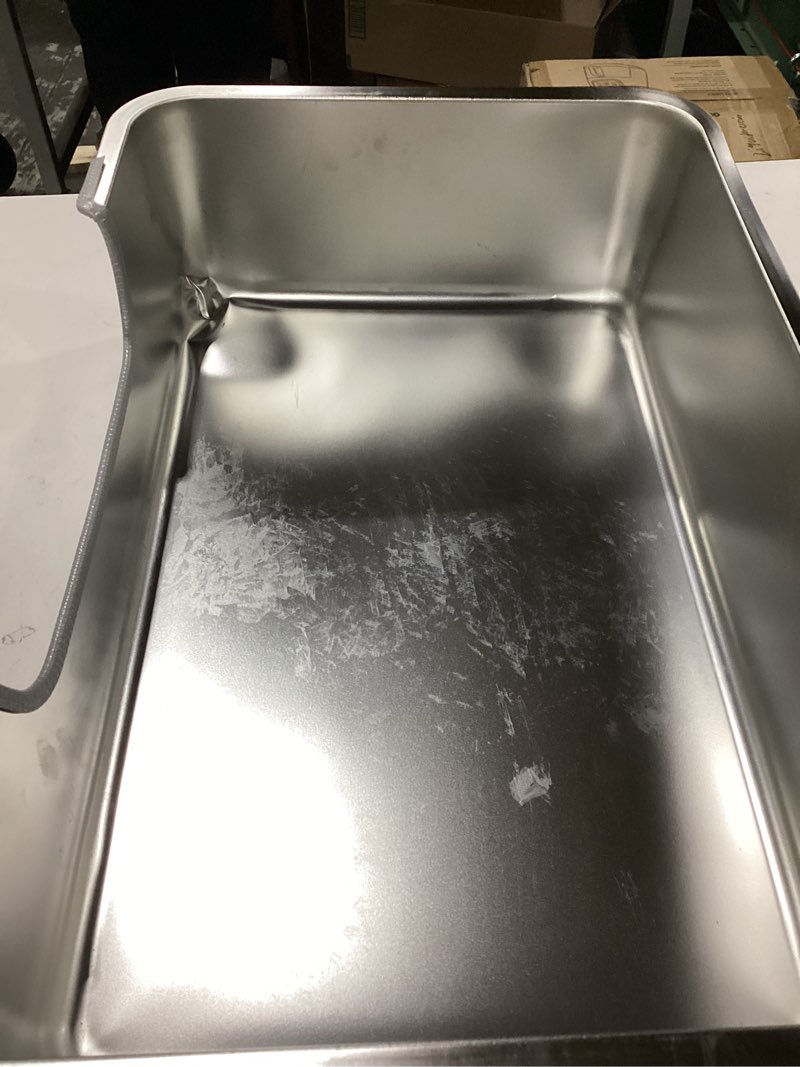 Condition photo showing As Is for dented stainless steel cat litter box with low entry,litter pan for big kitty and multiple cats,easy to clean,non-stick,odor-free,suitable for kittens,senior cats and injured pets,23.6\"x15.7\"x5.9\" silver(1 pack) 23.6\"l*15.7\"w*5.9\"h