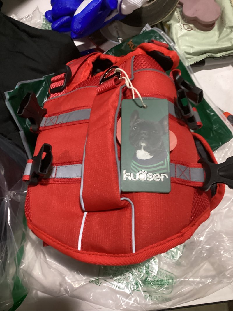 Condition photo showing New/Like New for kuoser dog life jacket, high flotation dog life vest for swimming boating, adjustable ripstop pet lifesaver for small medium and large dogs, reflective safety puppy swimming vest with rescue handle s (chest girth:16.93-21.26'') a-red