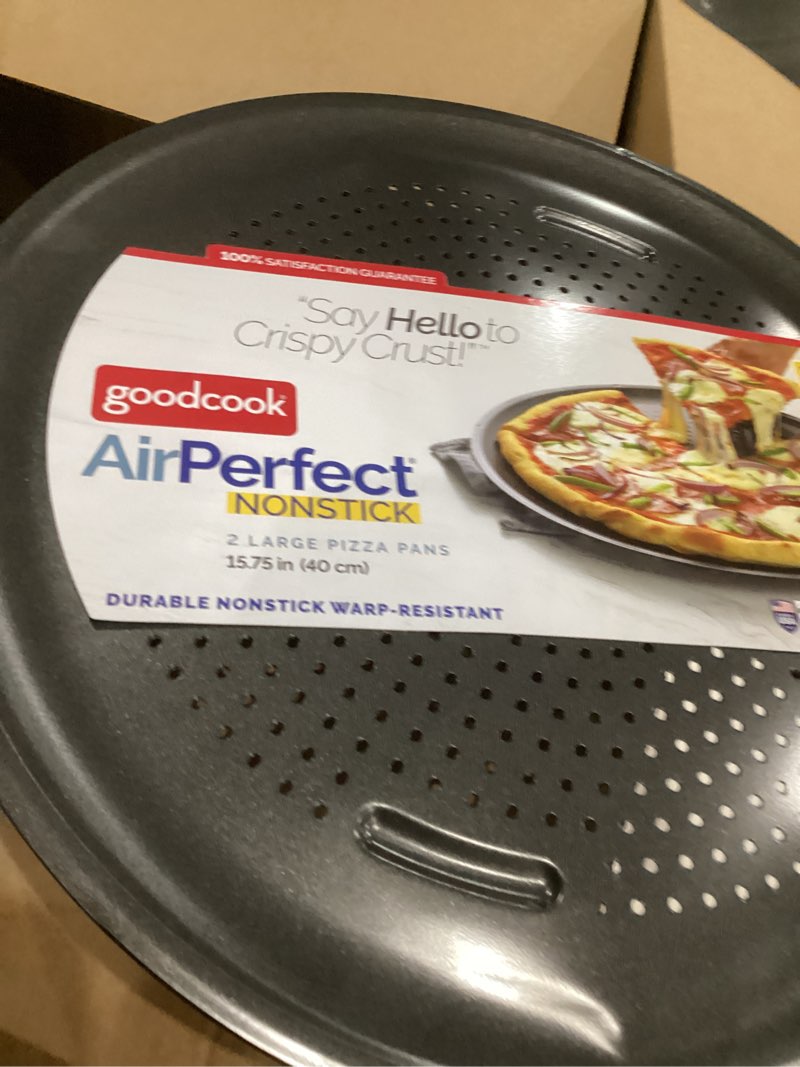 Condition photo showing Good Condition for (similar to )goodcook airperfect nonstick 16” pizza pan - set of 2 - pizza trays for oven, perforated round pizza pan, carbon steel baking pan, homemade, frozen & leftover slices gray 16-inch (2-pack)