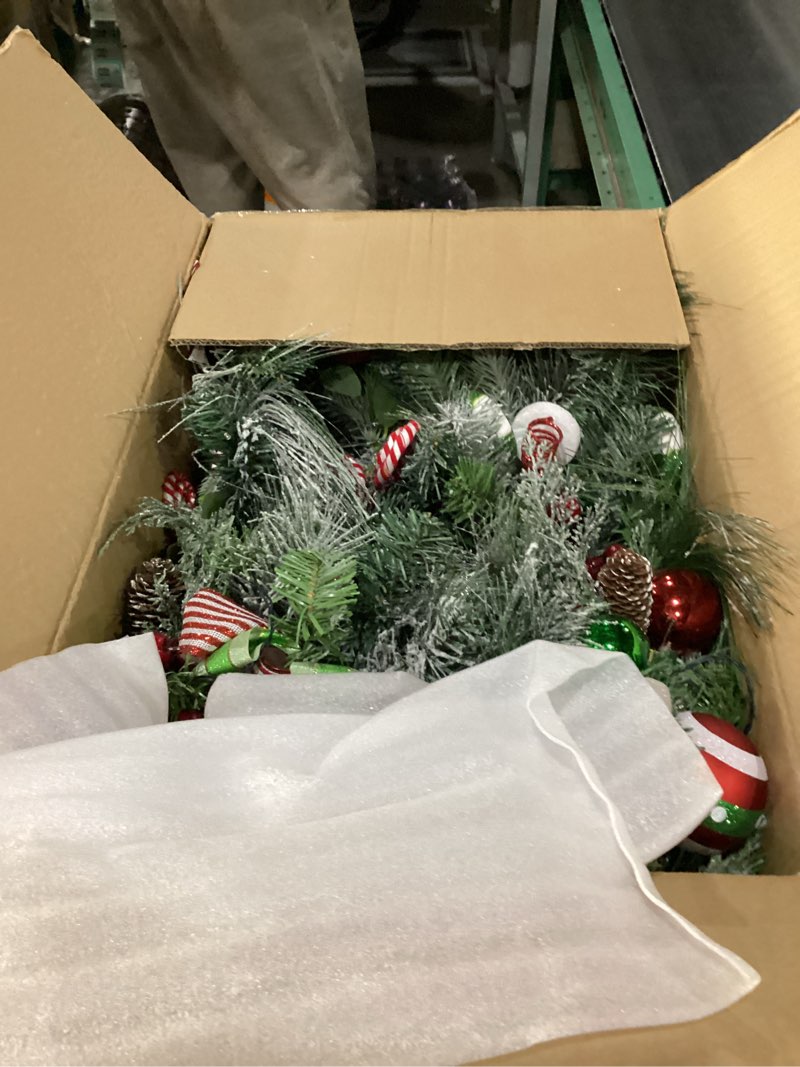 Condition photo showing Good Condition for Valery Madelyn 12 Feet Pre-Lit Christmas Garland with Lights for Mantle, Lighted Outdoor Xmas Garland with Elf Red Green White Balls for Home Stairs Fireplace Table Centerpiece Indoor Holiday Decor