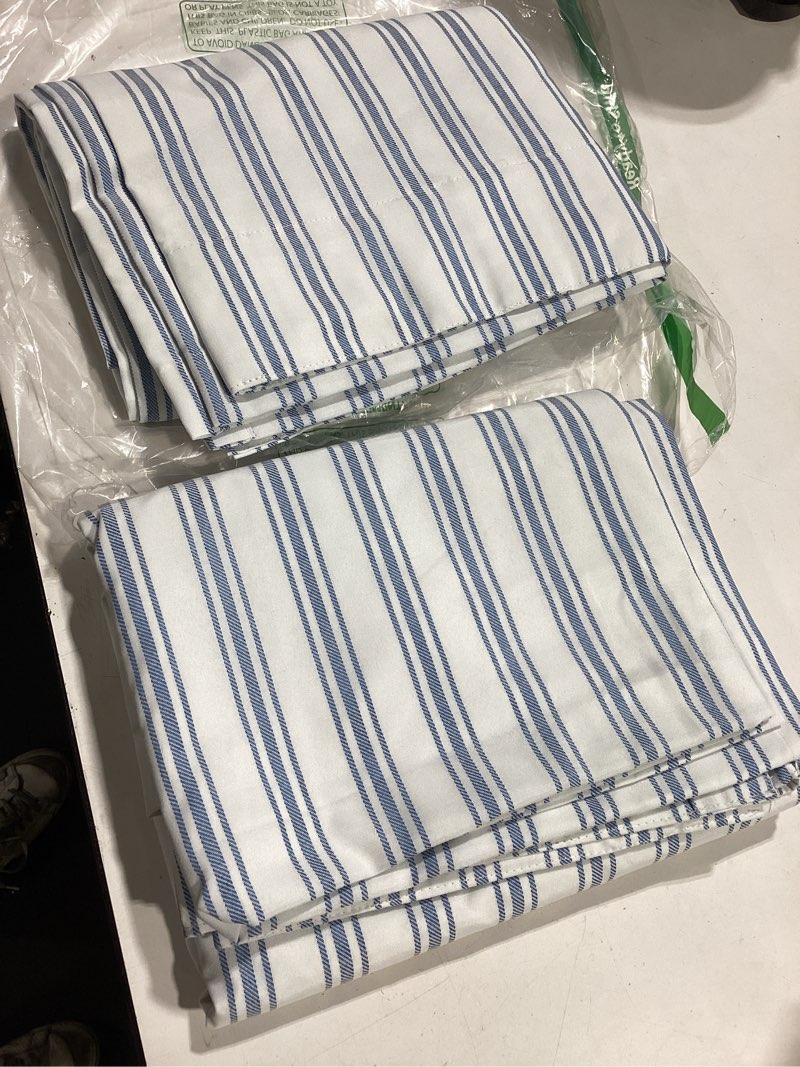 Condition photo showing Good Condition for zjdecor blue striped blackout curtains 84 inches length,ticking stripe on white cotton blended light filtering fabric with white liner,modern bedroom window treatment,back tab rod pocket,55" wx84 lx2 55"w x 84"l (pack of 2) blue/white