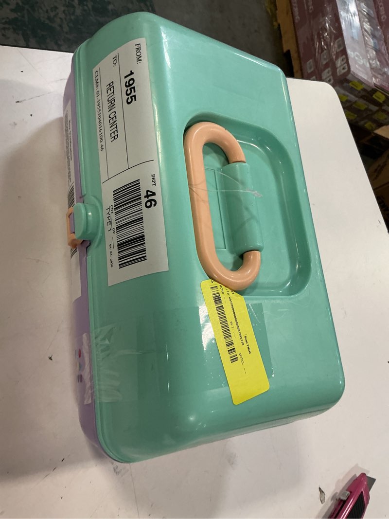 Condition photo showing As Is for caboodles on-the-go girl makeup box, seafoam on lavender, hard plastic makeup organizer box, built-in mirror, secure latch for safe travel, spacious s