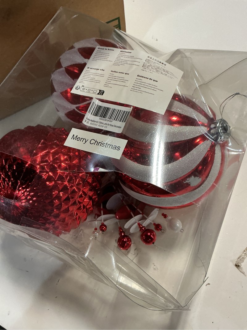 Condition photo showing As Is for 3 pcs, Valery Madelyn 4ct 5.9\" Christmas Ornaments, Red White Christmas Ball Ornaments for Holiday Party Decor
