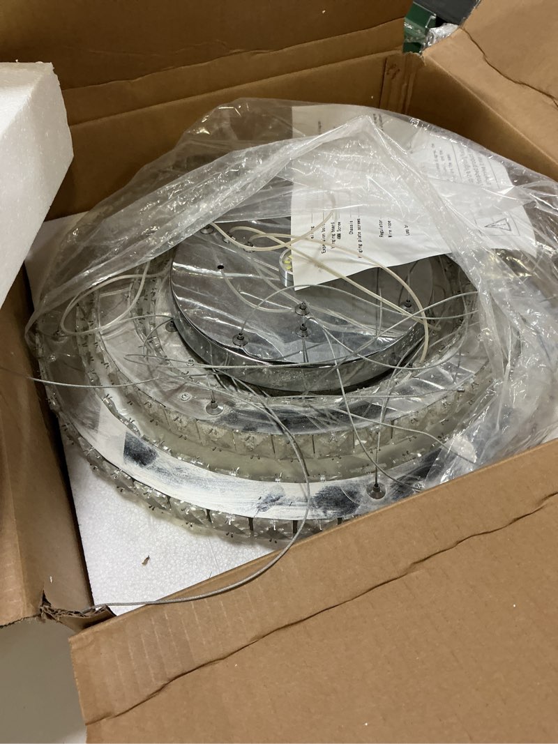 Condition photo showing As Is for 2 rings led round crystal chandelier elegant luxury dimmable pendant light with remote stainless steel hanging adjustable,chandalier