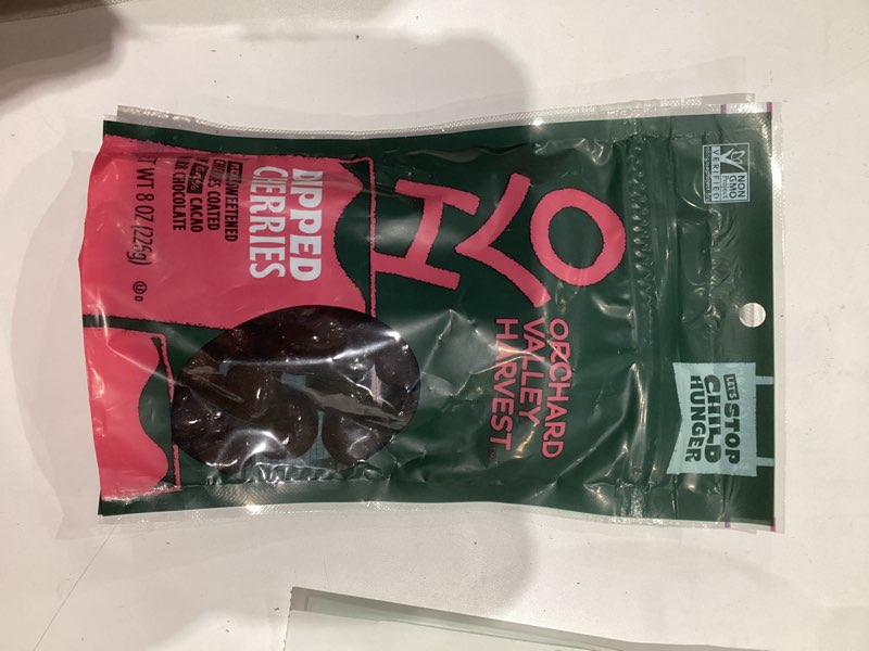Condition photo showing New/Like New for Orchard Valley Harvest Dark Chocolate Dipped Cherries, Made With Real Cherries, Gluten Free, Non-GMO, No Artificial Colors, Stand Up Bag, 8 oz (Pack of 1), On-The-Go Snack For The Whole Family 8 Ounce (Pack of 1)
