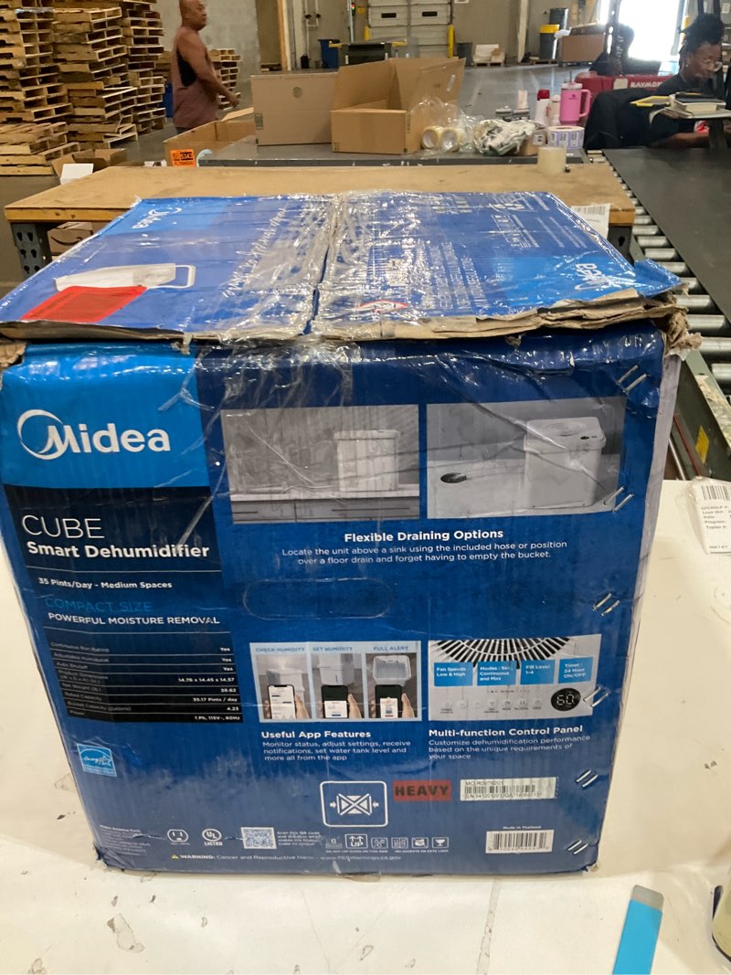 Condition photo showing As Is for midea cube 35 pint dehumidifier for basement and rooms at home for up to 3,500 sq. ft., smart control, compatible with alexa (white), drain hose included