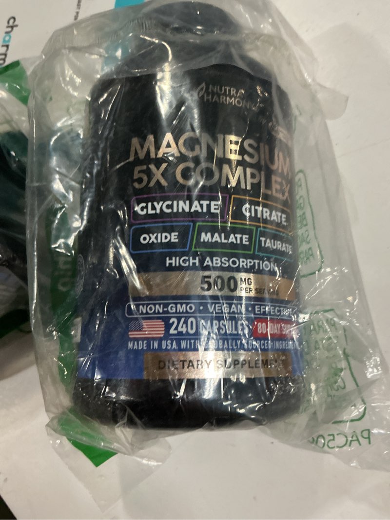 Condition photo showing New/Like New for ((exp 03/28)) magnesium supplement - 5 in 1 complex 500 mg | glycinate | citrate | malate | taurate | oxide - made in usa - stress, muscle & heart support - vegan, natural, non-gmo - 240 capsules 240 count (pack of 1)