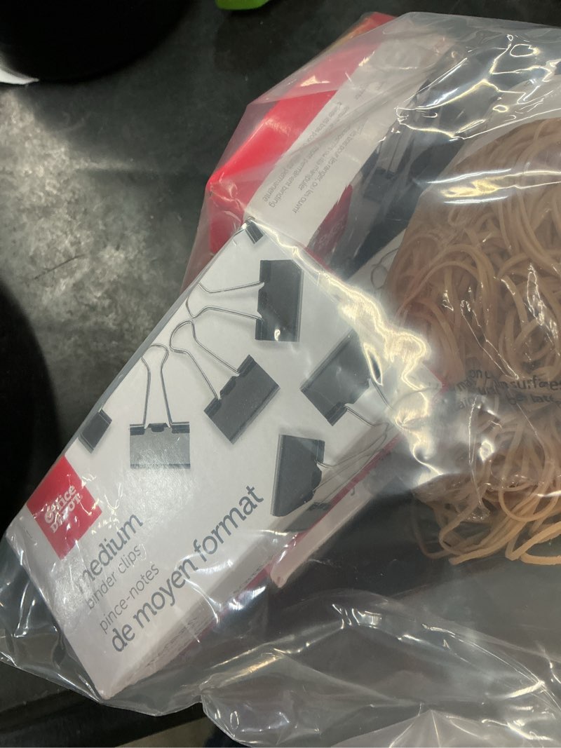 set of 4 miscellaneous office supply items (3 boxes medium binder clips, 1 bag size 16 rubber bands)