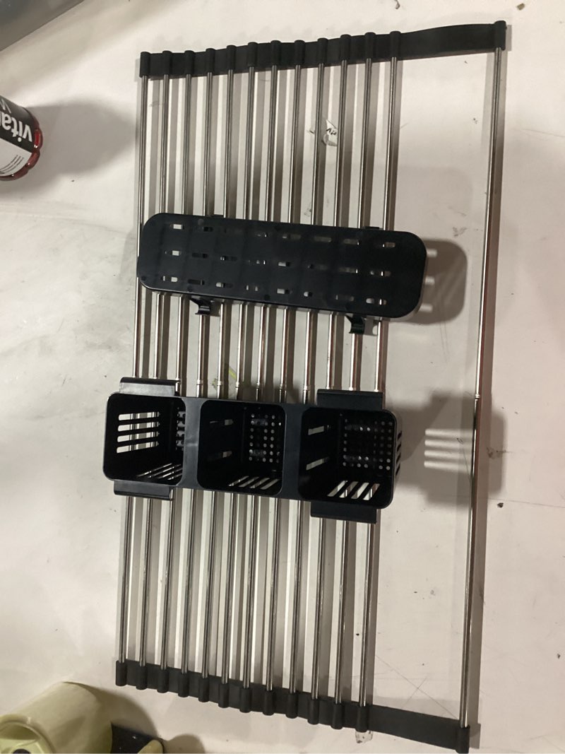 Condition photo showing Good Condition for Extra Large Expandable Roll Up Dish Drying Rack, 22.8 x 17.3 in with Expandable Storage Basket Over The Sink Rolling Dish Drainer, Foldable Sink Dish Drainer for Kitchen Counter,Black