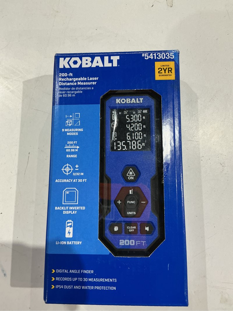 Condition photo showing As Is for kobalt 200-ft indoor red laser distance measurer with backlit display