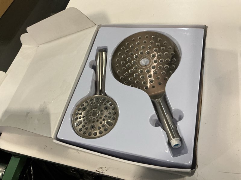 Condition photo showing As Is for dual handheld shower head combo, 2-in-1 rain shower heads system 8 inch rainfall shower head and 10 modes high pressure hand held showerhead with built-in power wash 8 inch standard brushed nickel