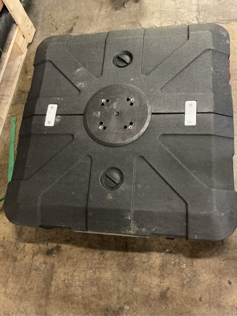 Condition photo showing As Is for 260 lbs. cantilever outdoor heavy duty umbrella base hdpe patio umbrella base in black with wheels