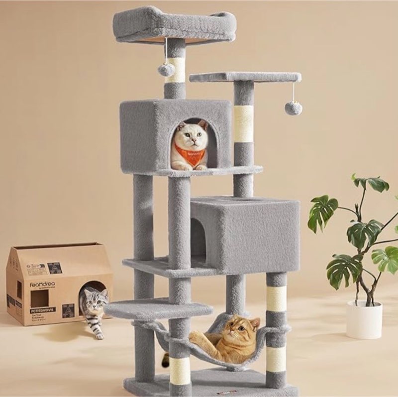 Feandrea - Indoor Multi-Level Cat Tree, Condo-Style Cat Tower with 4 Scratching Posts, 2 Perches, Hammock and Cave, Red and black.