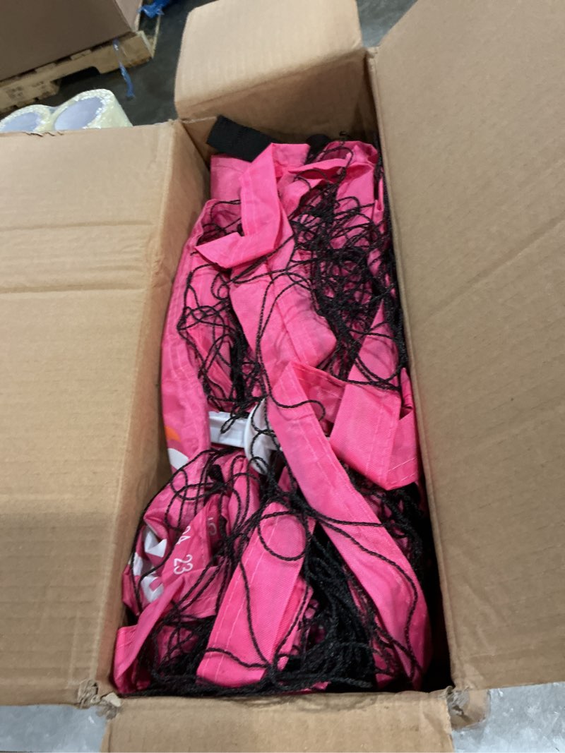 Condition photo showing As Is for portable outdoor volleyball net set for backyard beach with adjustable poles, soft pu volleyball & pump, carry bag and durable anti-sagging net 32ft pink