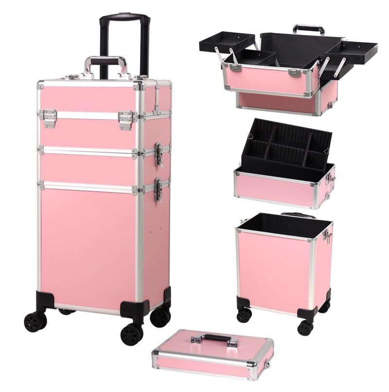 rolling makeup case, cosmetology case on wheels with large storage, durable design, ideal gift for makeup artists, hairstylists, nail techs, portable beauty organizer for travel or salon use, pink