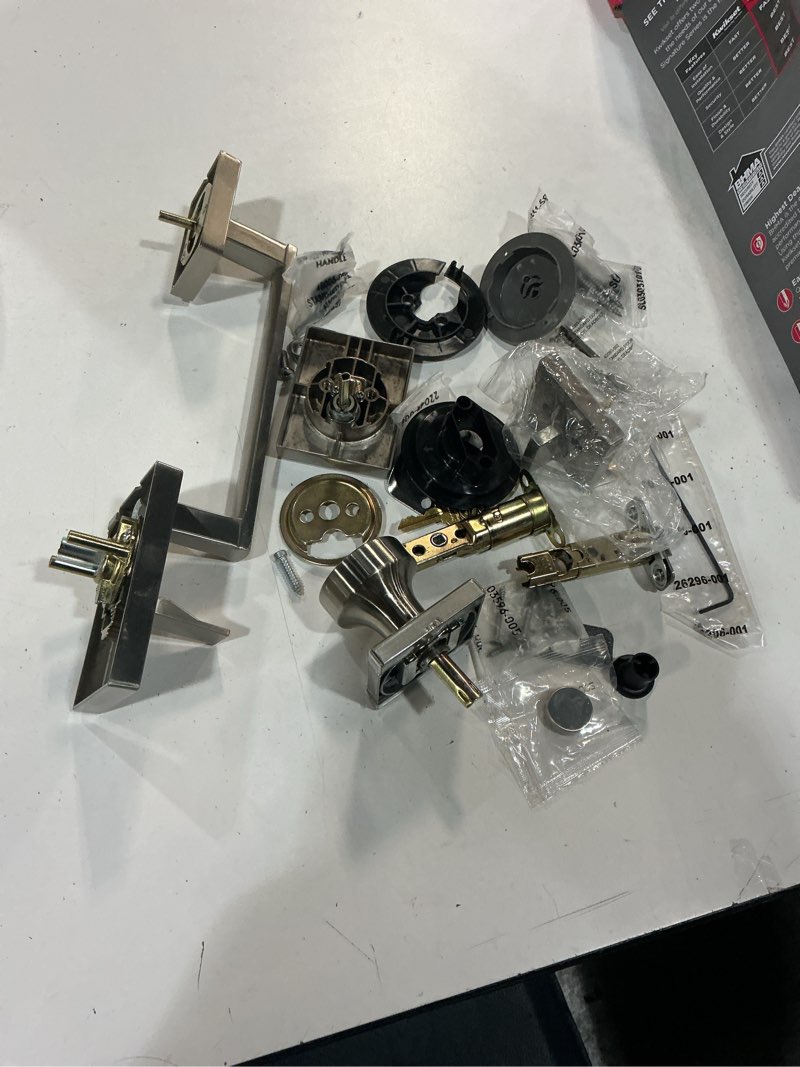 Condition photo showing As Is for san clemente single cylinder low profile door handleset w/square pismo knob featuring smartkey security in satin nickel