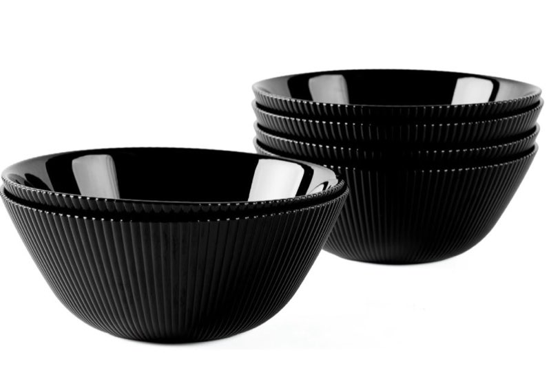 30 oz max cereal soup bowl set of 6, opal glass 7.2 inch black ribbed bowls for ramen, noodle, salad, fruit, dishwasher and microwave safe