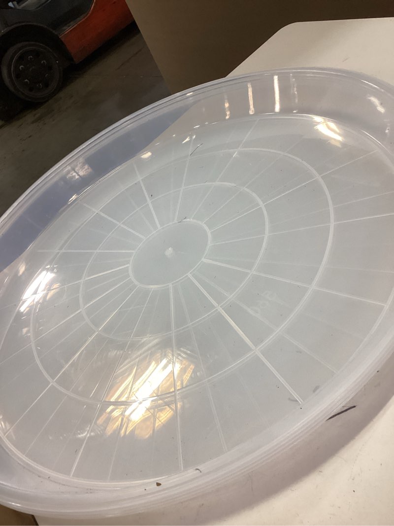 Condition photo showing As Is for 4 pack clear plant saucer 16 inch, durable plant drip trays saucers for pots, no holes water catcher trays for indoor outdoor planter, sturdy base plate(16", clear) 16"-4pack clear