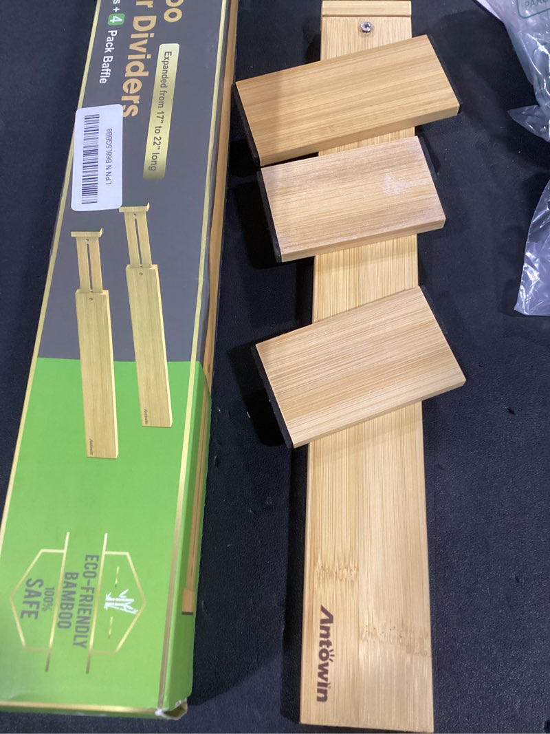 Condition photo showing As Is for (incomplete) antowin bamboo drawer dividers organizers, drawer separators splitter,17-22 inches long adjustable spring-loaded organizer for large utensil, clothes, tools drawers(yellow)