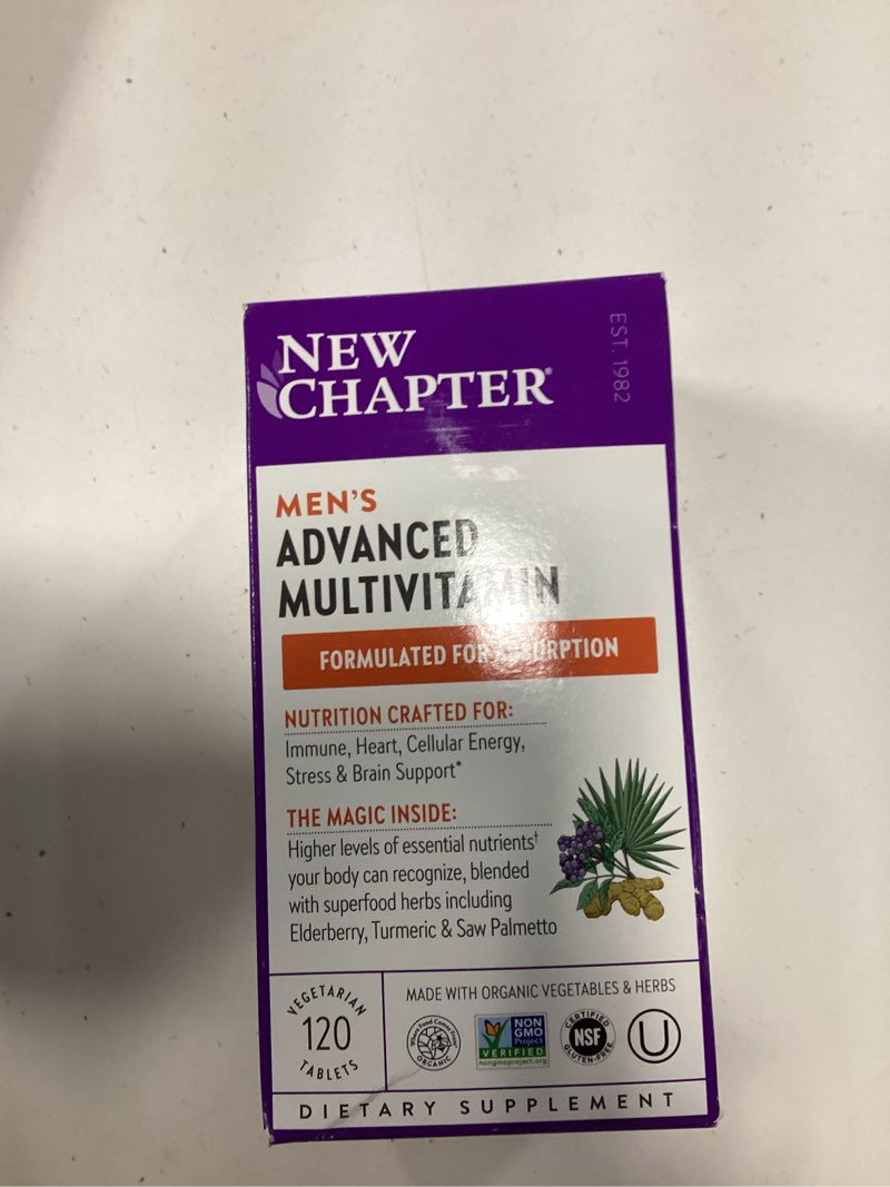 Condition photo showing New/Like New for new chapter men's multivitamin advanced formula for stress, brain, immune, heart & energy support, higher levels of whole-food fermented essential nutrients for men + selenium + b vitamins, 120 ct 120 count (pack of 1)