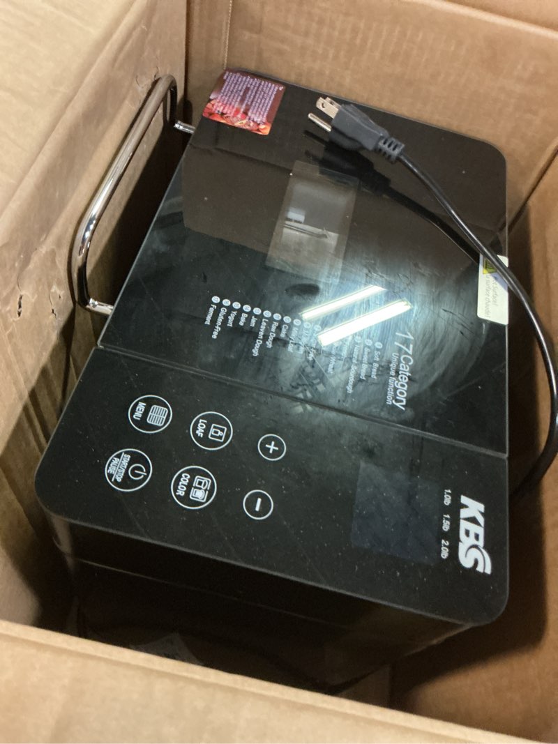 Condition photo showing Good Condition for kbs premium 2lb convection bread maker dual heaters, 710w stainless steel 17-in-1 bread machine healthy ceramic pan, nut dispenser,touch panel, 3 loaf sizes 3 crust colors, 15h timer,low noise,recipes black stainless steel