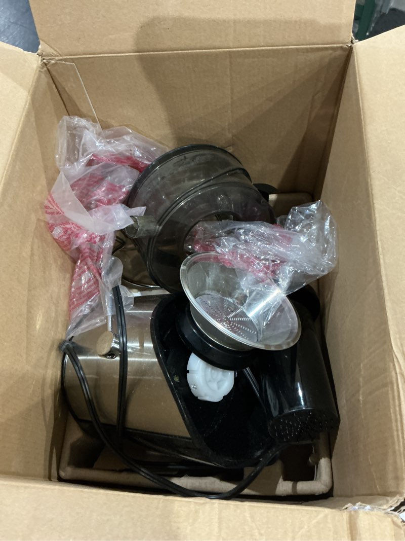 Condition photo showing As Is for used incomplete ninja neverclog cold press juicer, powerful slow juicer with total pulp control, countertop, electric, 2 pulp functions, dishwasher safe, 2nd generation, charcoal, jc151
