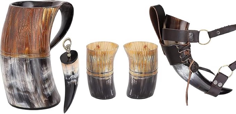 bhartiya handicrafts viking drinking horn mug set | handmade medieval beer mug & cups | carved natur