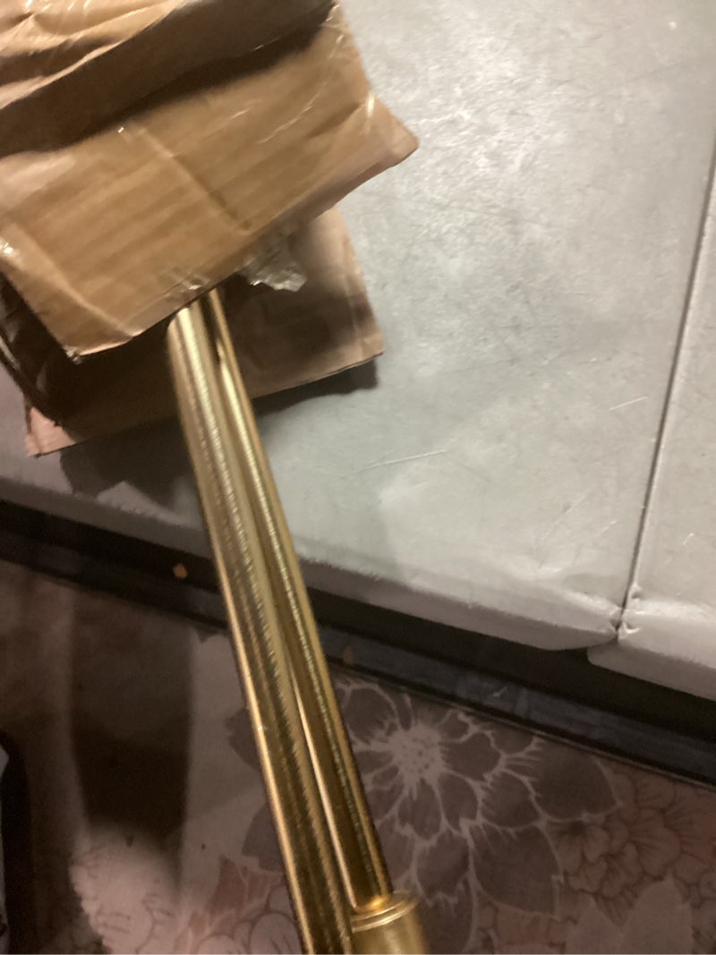 Condition photo showing As Is for warm gold double corner window curtain rods with aluminum end cap finials and brackets,1 inch diameter dual bay window curtain rods, adjustable 2 sided 32-58" and 32-86 center double rod 32-58" side rods & 32-86" center rod warm gold